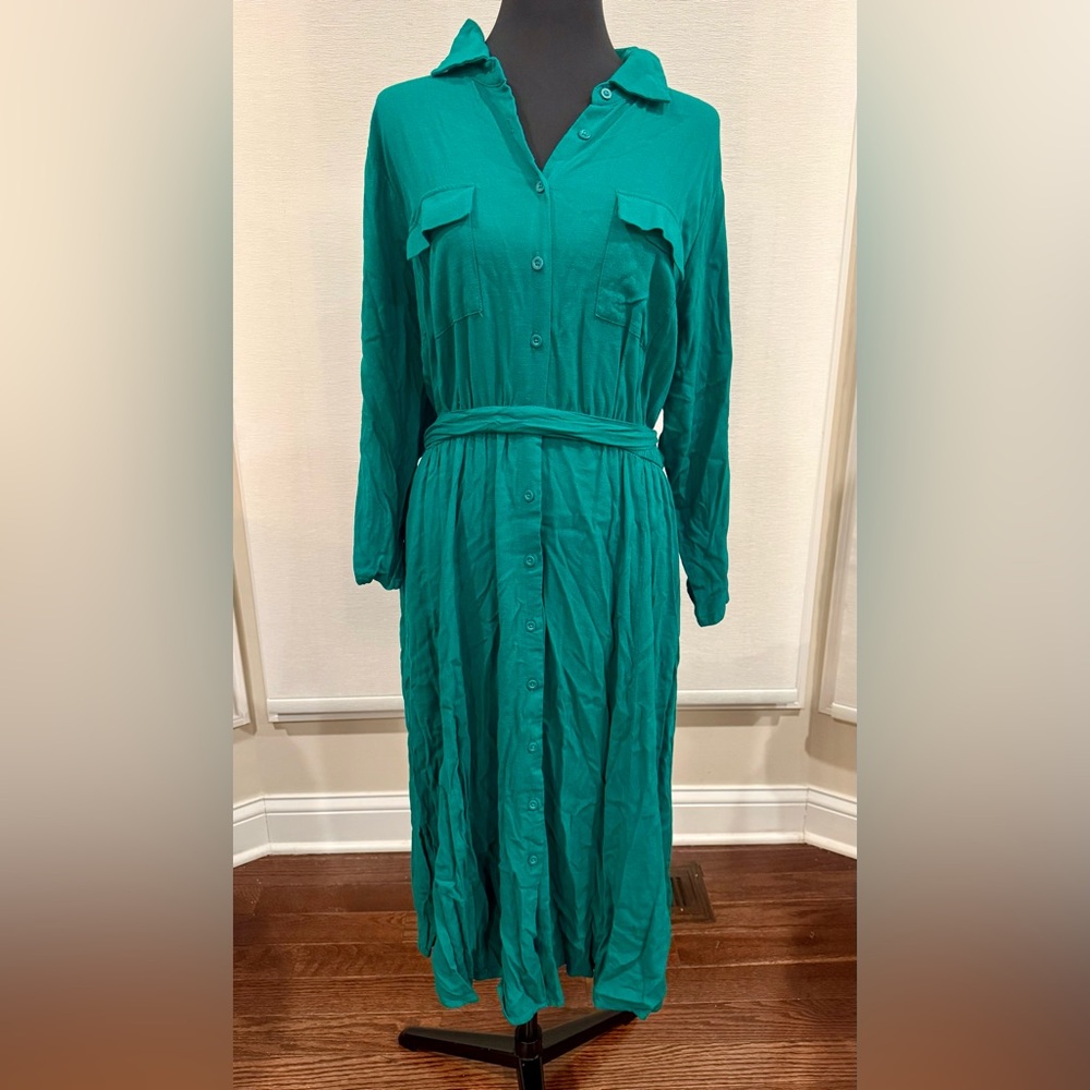 Torrid Size 2 Emerald Green Shirt Dress Midi Button Front Tie Waist  Plus  18 20 - Picture 2 of 7